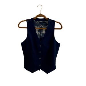 Vtg 90s Y2K Express Black Lace Back Vest Waistcoat Corporate Goth Size 7/8